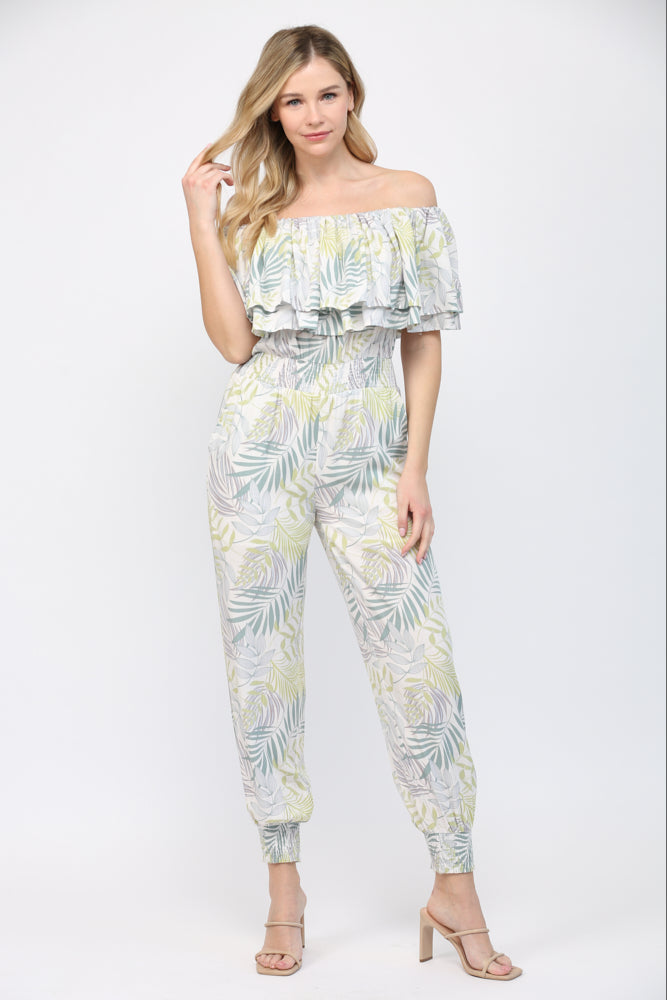 Fate by LFD Tropical Print off-Shoulders Jumpsuit with Pockets
