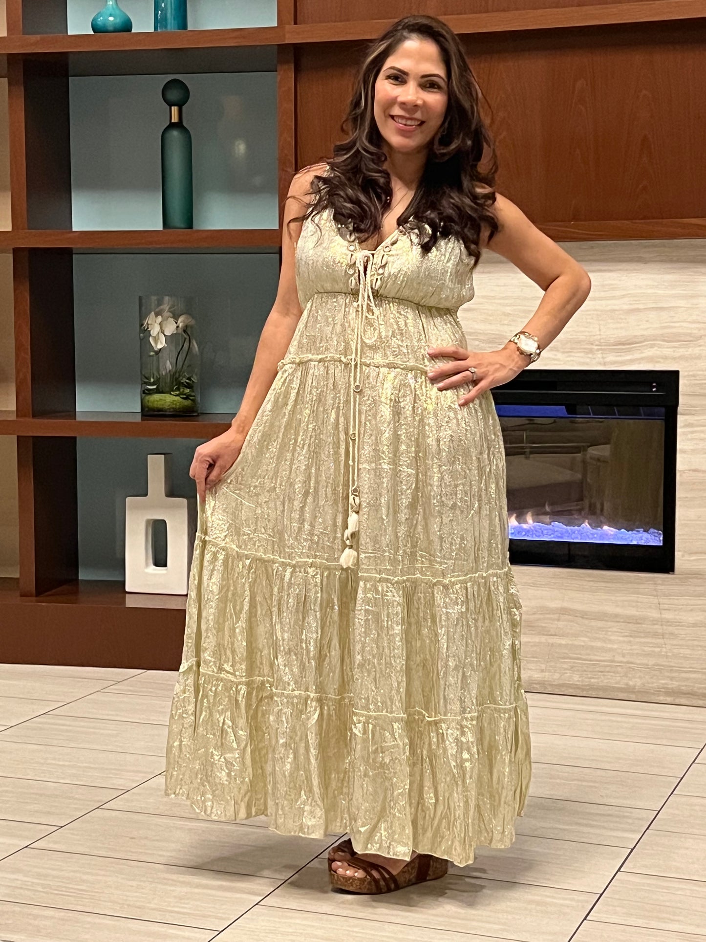 Ranees White Gold Foil Dazzle Dress