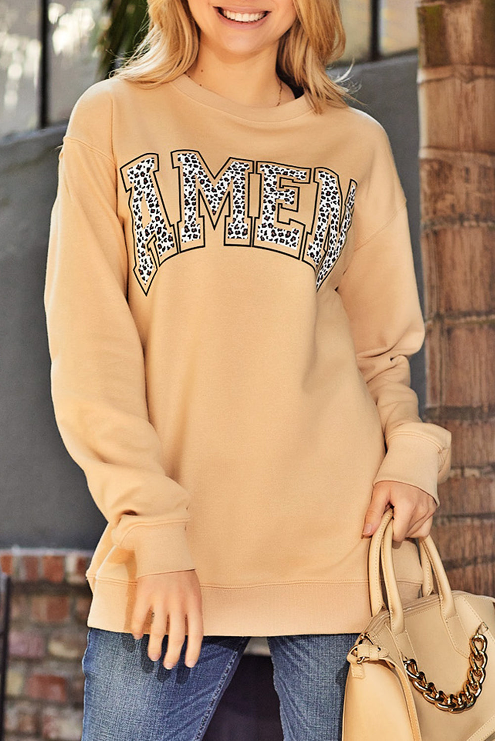 Khaki Amen Leopard Letter Print Oversized Pullover Sweatshirt