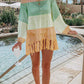 Double Take Openwork Tassel Hem Long Sleeve Knit Cover Up