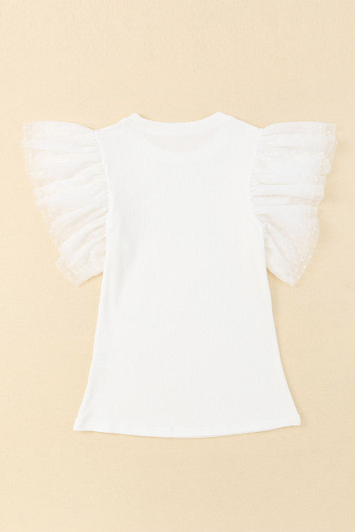 Dotty Mesh Ruffle Sleeve Ribbed Knit Top