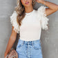 Dotty Mesh Ruffle Sleeve Ribbed Knit Top