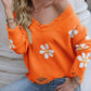 Flower Distressed Ribbed Trim Sweater