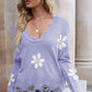 Flower Distressed Ribbed Trim Sweater