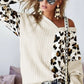 Beige Asymmetric Leopard Patchwork Wide Sleeve V Neck Sweater