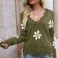 Flower Distressed Ribbed Trim Sweater