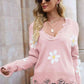 Flower Distressed Ribbed Trim Sweater