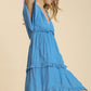 Umgee Smocked Short Sleeve V Neck Textured Dress with Sharkbite Hem & Liningl