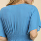 Umgee Smocked Short Sleeve V Neck Textured Dress with Sharkbite Hem & Liningl