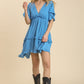 Umgee Smocked Short Sleeve V Neck Textured Dress with Sharkbite Hem & Liningl