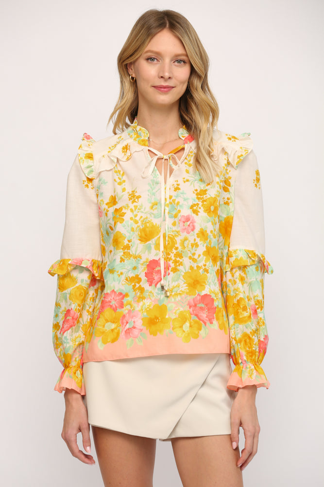 Fate by LFD Ombre Floral Print Split Neck Ruffle Detail Blouse