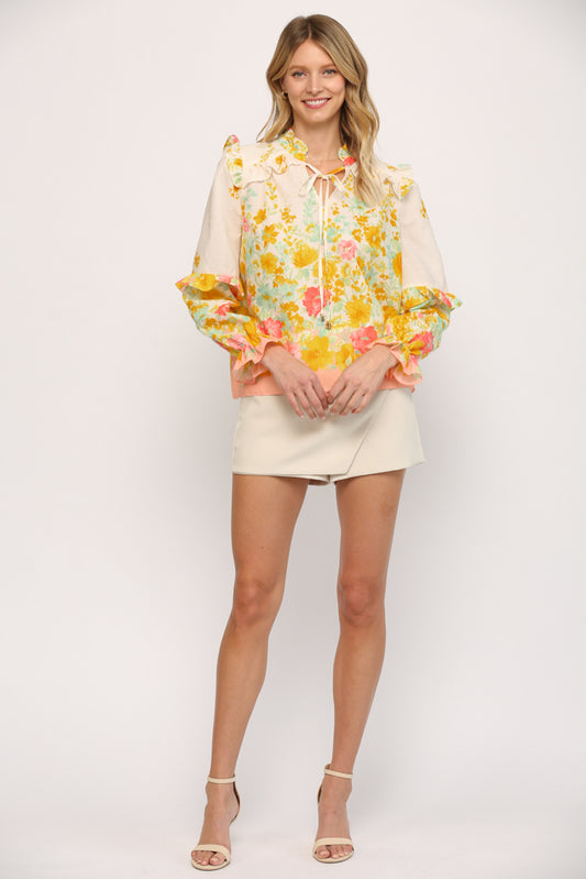 Fate by LFD Ombre Floral Print Split Neck Ruffle Detail Blouse