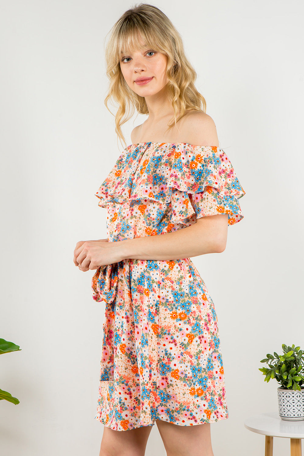 Spin USA Off Shoulder Ruffle Dress Lined