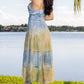 Mustard Blue Long Dazzle Dress with pearls