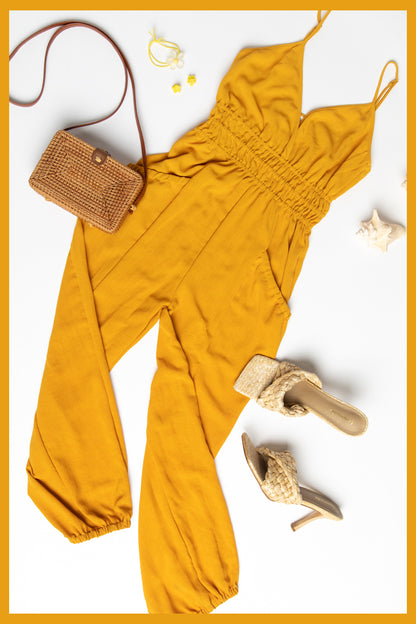 Very J Sleeveless Gathered Waist Jumpsuit with Pockets