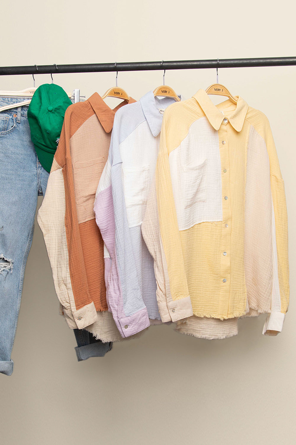 Very J Long Sleeve Color Blocked Button Down Shirt