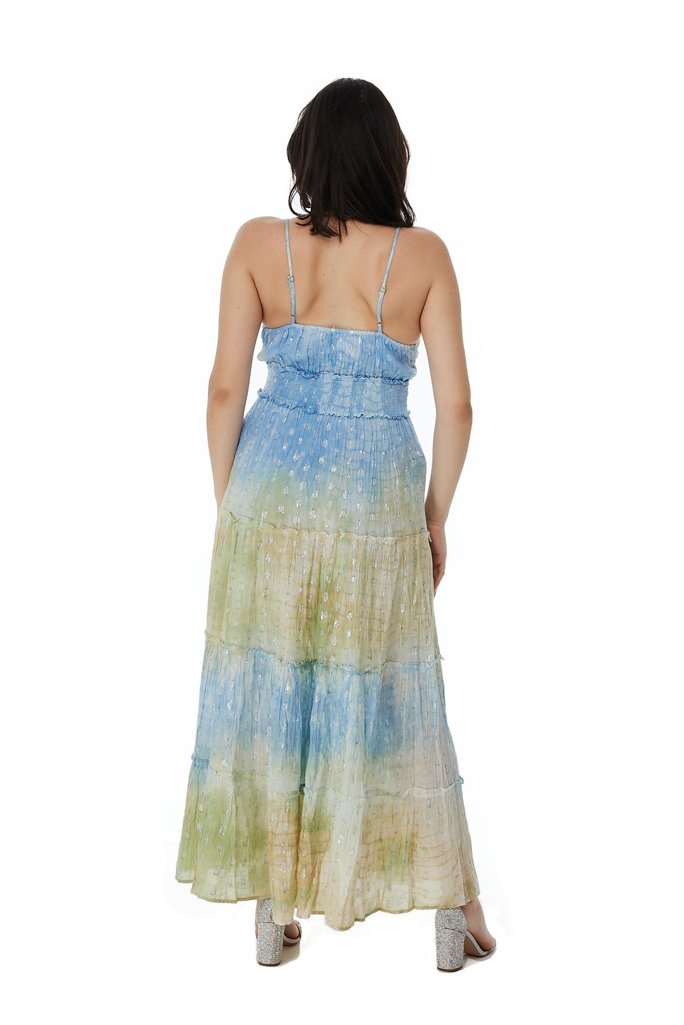 Mustard Blue Long Dazzle Dress with pearls