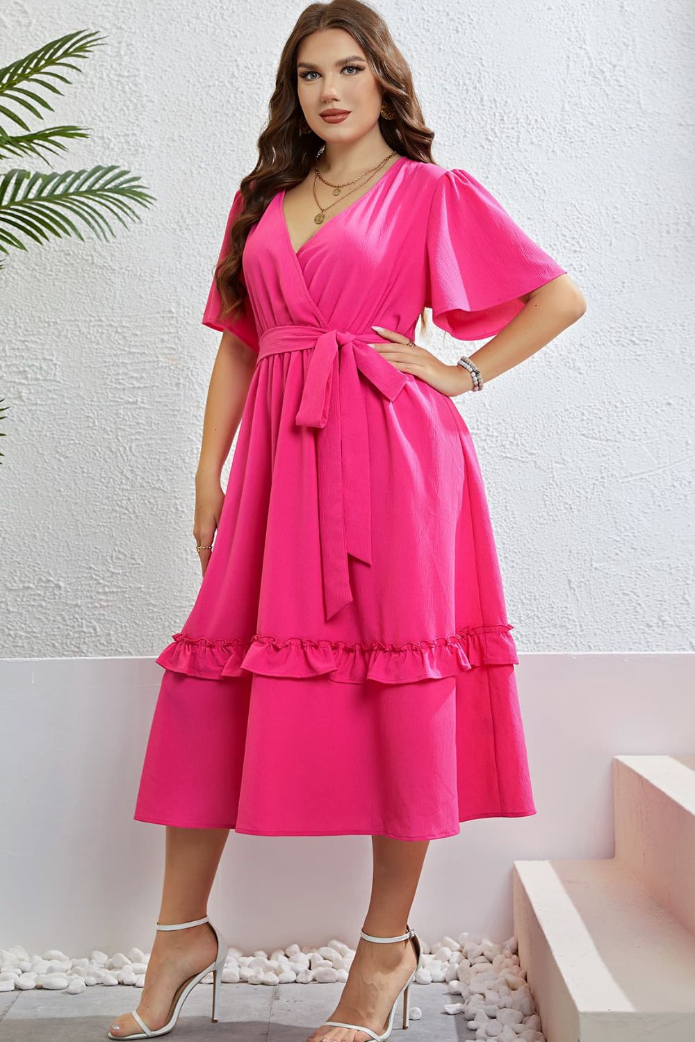 Belted Frill Trim Flutter Sleeve Dress [favorgrace]
