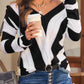 Striped Colorblock V Neck Knitted Sweater