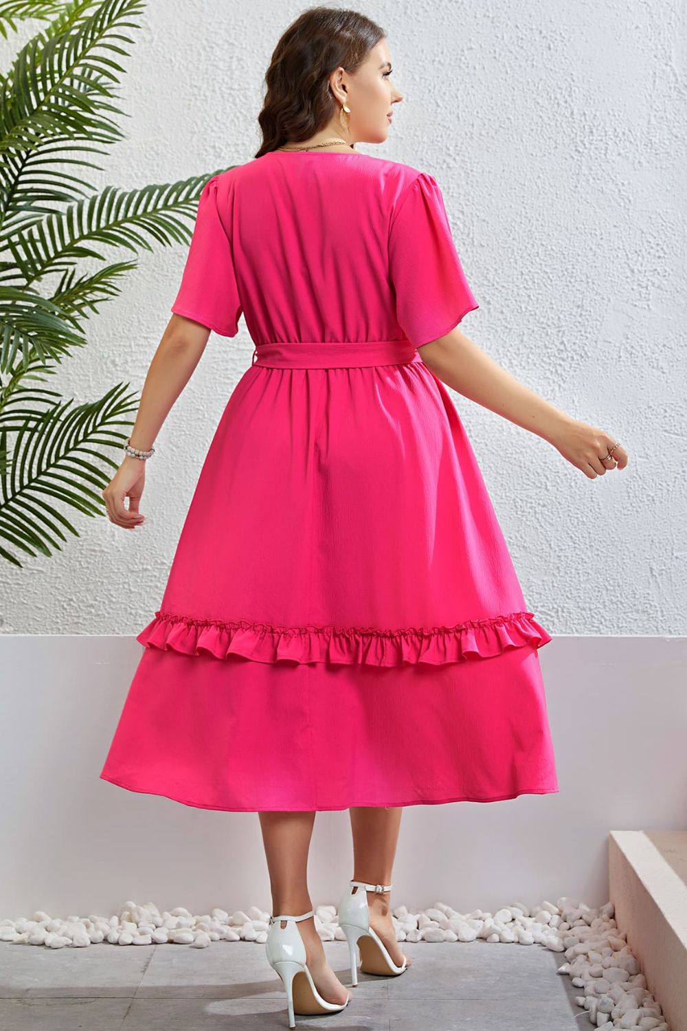 Belted Frill Trim Flutter Sleeve Dress [favorgrace]
