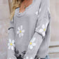 Flower Distressed Ribbed Trim Sweater