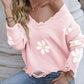 Flower Distressed Ribbed Trim Sweater