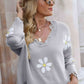 Flower Distressed Ribbed Trim Sweater