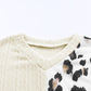 Beige Asymmetric Leopard Patchwork Wide Sleeve V Neck Sweater