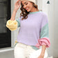 Double Take Color Block Round Neck Drop Shoulder Sweater