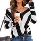 Striped Colorblock V Neck Knitted Sweater